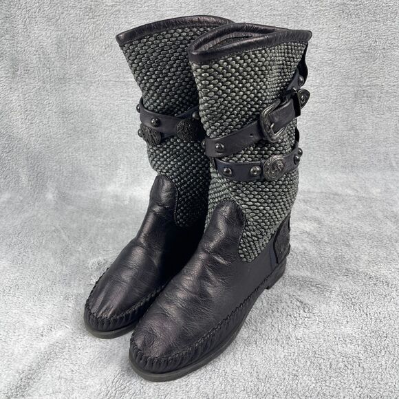 Karma Of Charme Leather Ankle Boots Womens 36 / US 5.5  Black Buckle Studded - Picture 1 of 12